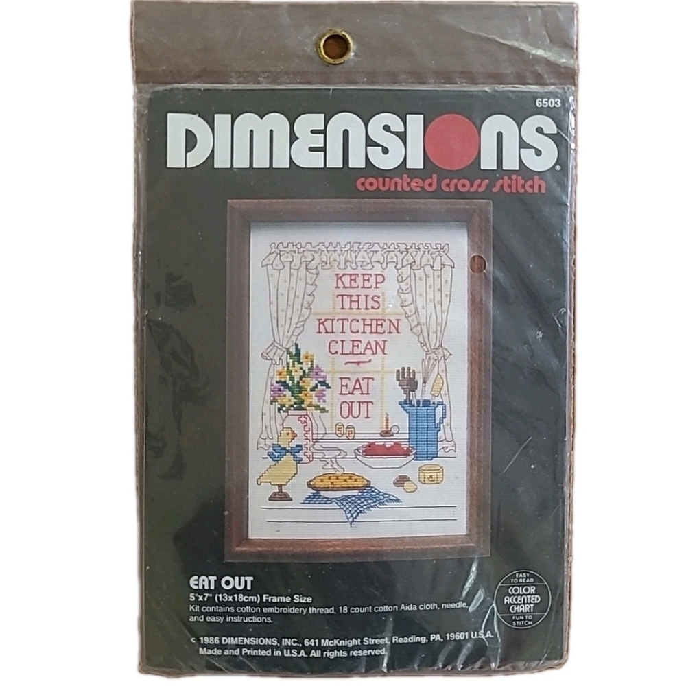 Dimensions Counted Cross Stitch Kit Eat Out #6503 Kitchen Theme Vintage 80s NEW